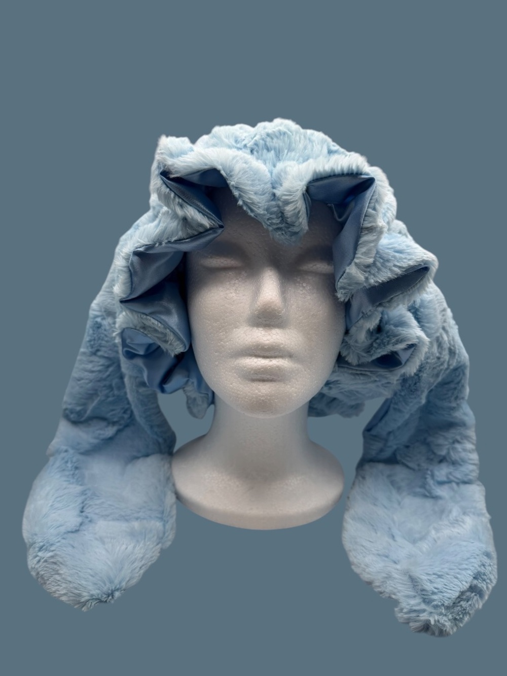 Adjustable Handmade Light Blue Faux Fur Rabbit Bonnet: Lux Light Blue Satin Line
